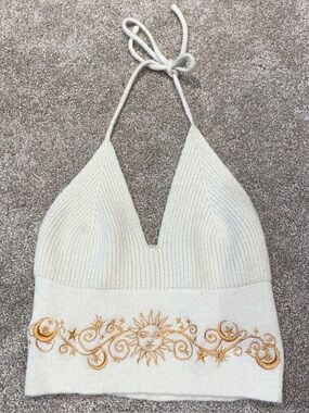 ROMWE Knit Embroidered Backless Halter Top Size S Cream Sun Moon Celestial